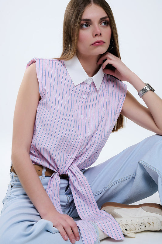 Q2 Crop Top rosa senza maniche con nodo frontale
