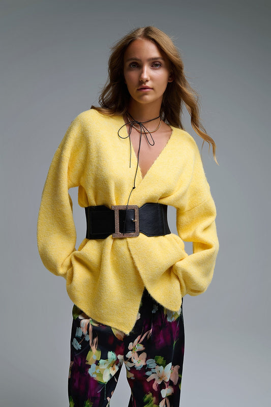 Q2 Elegante cardigan giallo lavorato a maglia