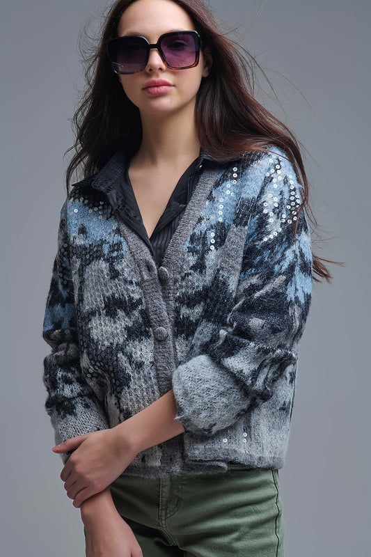 Q2 Elegante cardigan grigio in maglia con stampa astratta di paillettes