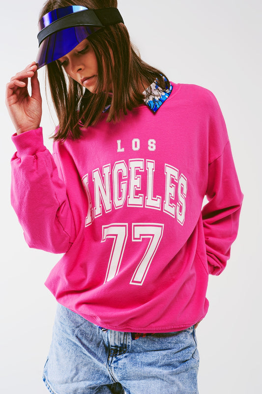 Q2 Felpa con scritta Los Angeles 77 in rosa
