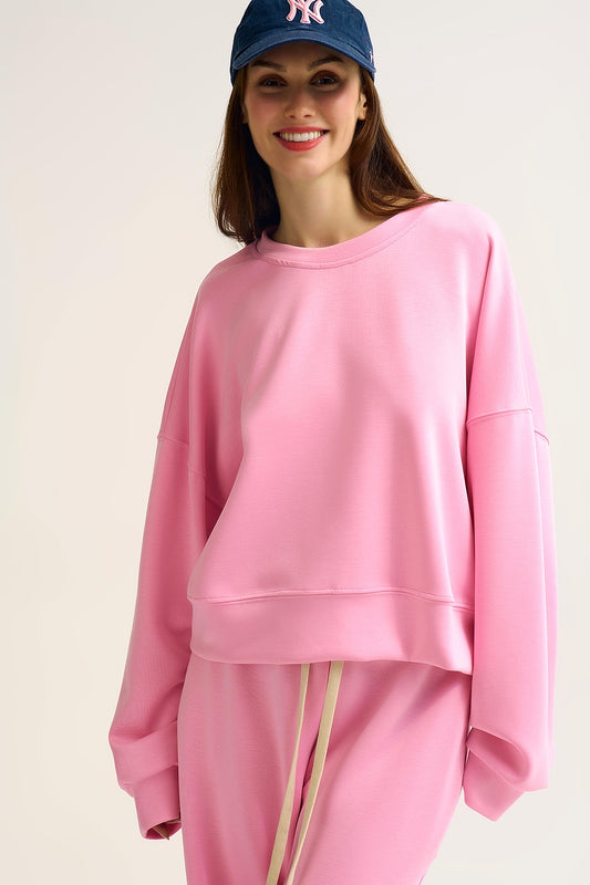 Q2 Felpa girocollo con spalle scese in rosa