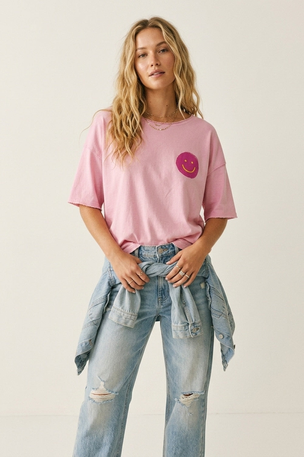 Q2 Felpa in Cotone Rosa a Vestibilità Ampia con Dettaglio Smiley