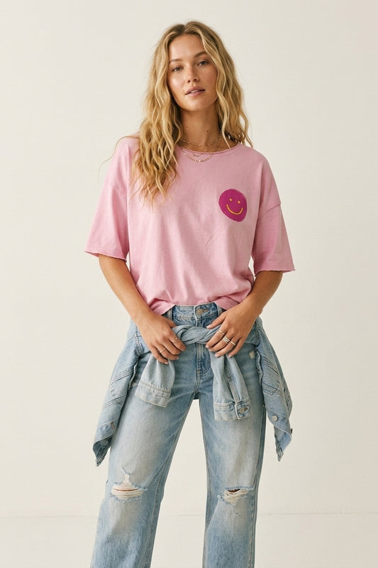 Q2 Felpa in Cotone Rosa a Vestibilità Ampia con Dettaglio Smiley
