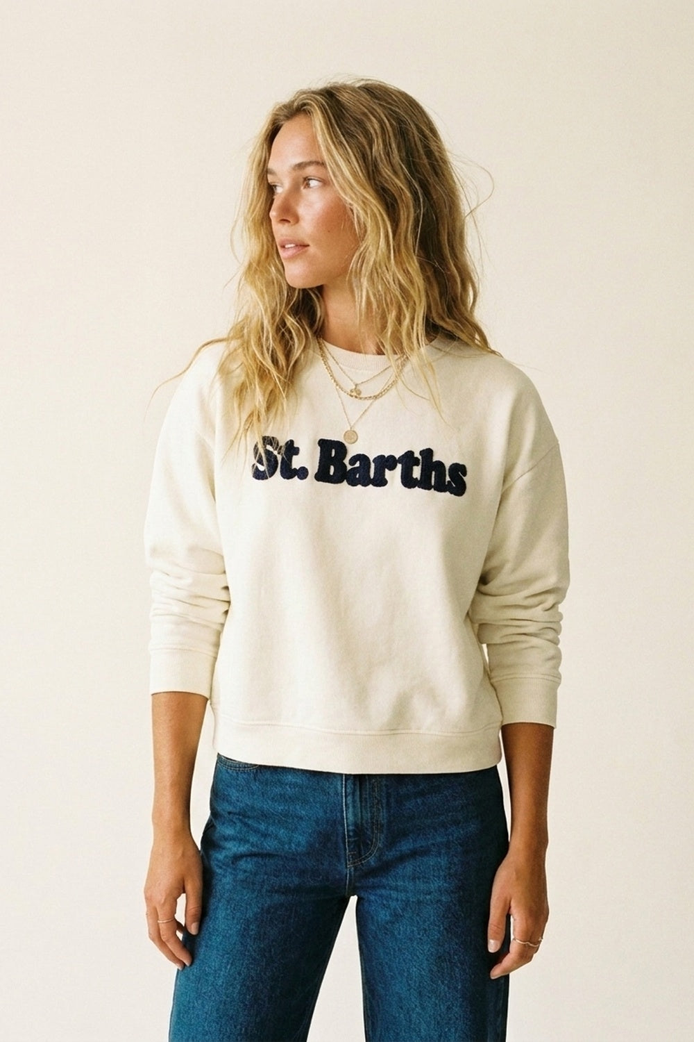 Felpa ricamata con logo St Barths Navy in colore crema