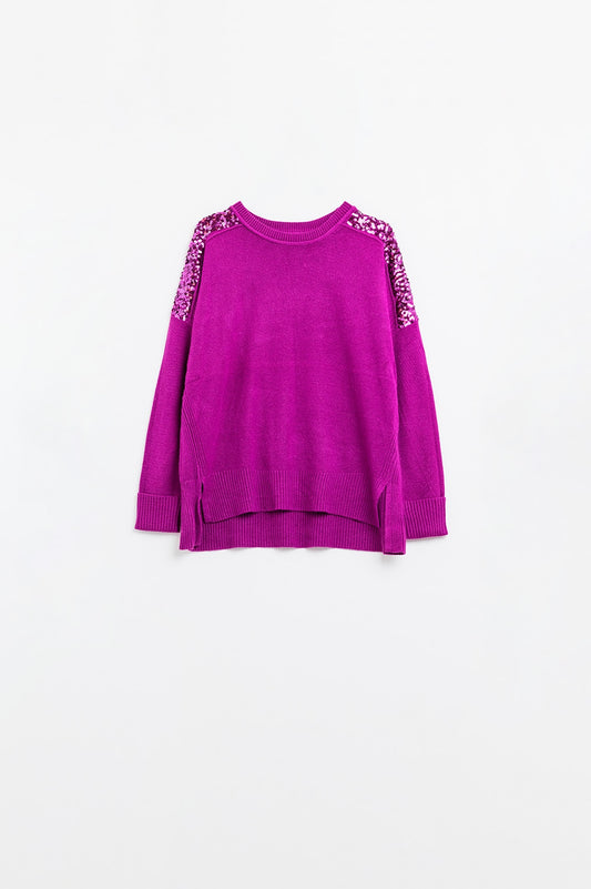 Q2 fuchsia Maglione a maniche lunghe con paillettes sulle spalle