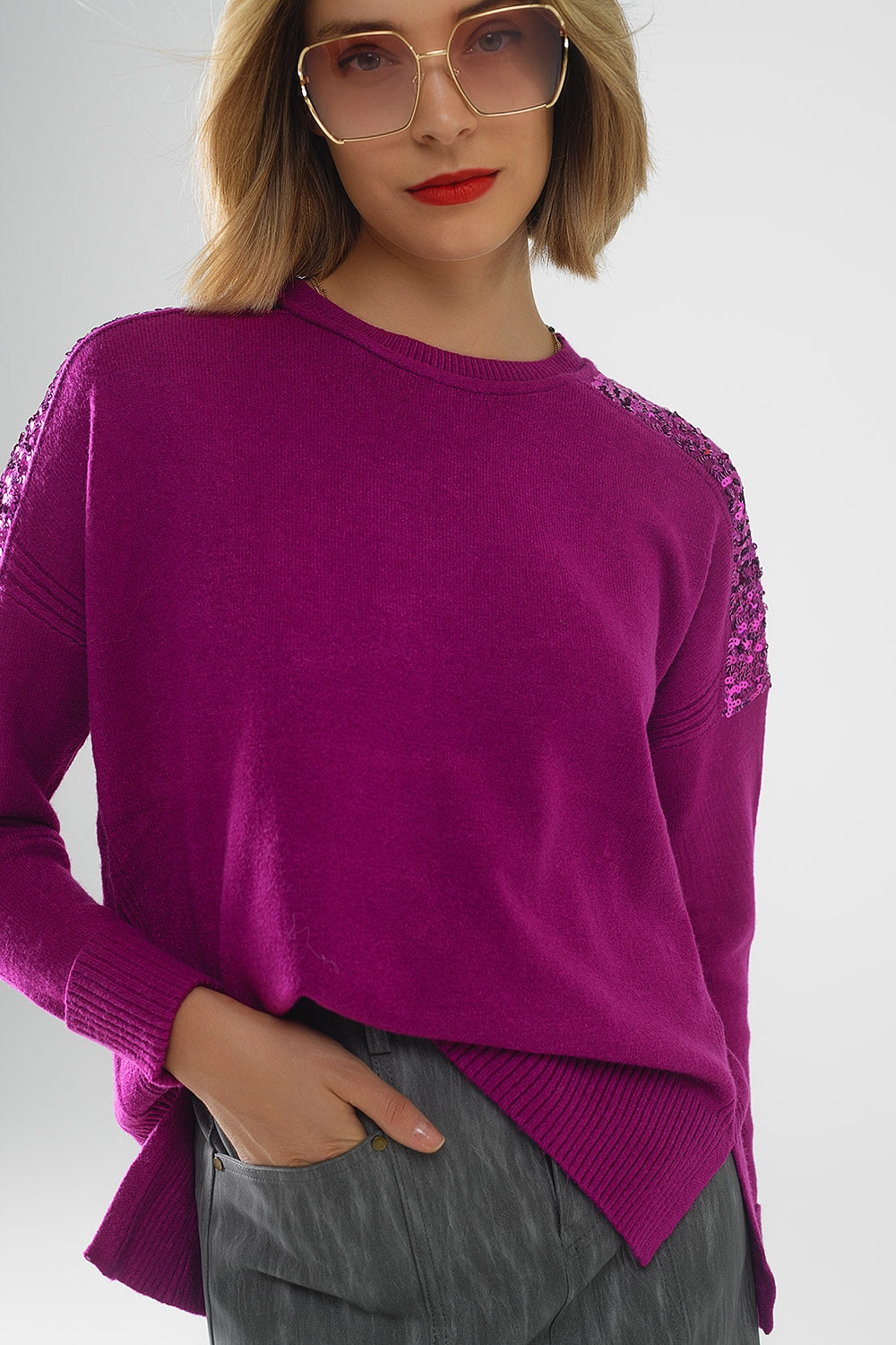 fuchsia Maglione a maniche lunghe con paillettes sulle spalle