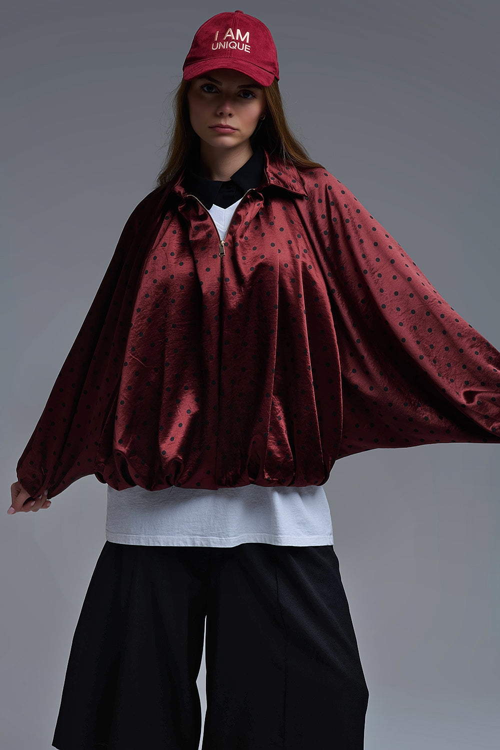 Giacca bomber in raso a pois in borgogna