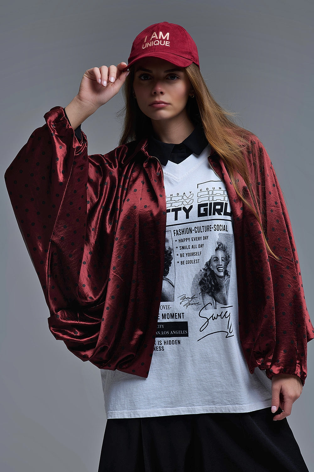 Giacca bomber in raso a pois in borgogna