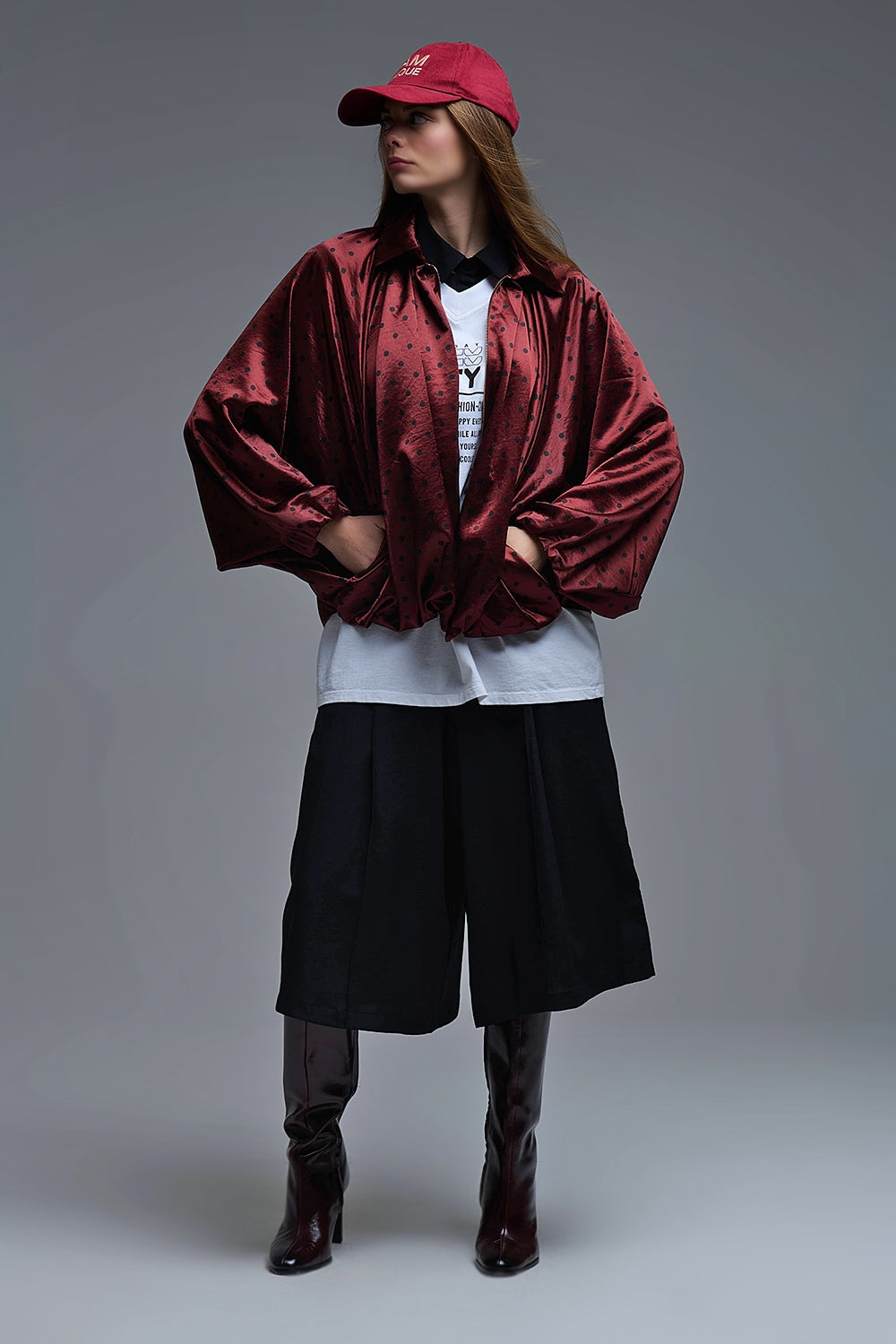 Giacca bomber in raso a pois in borgogna