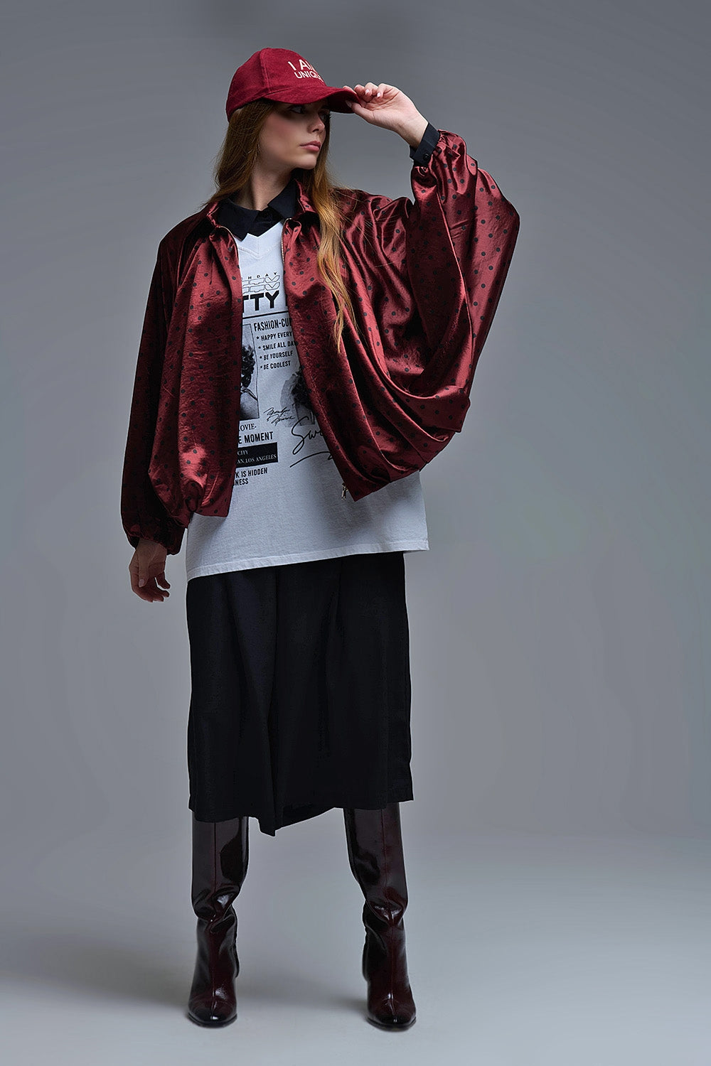 Giacca bomber in raso a pois in borgogna