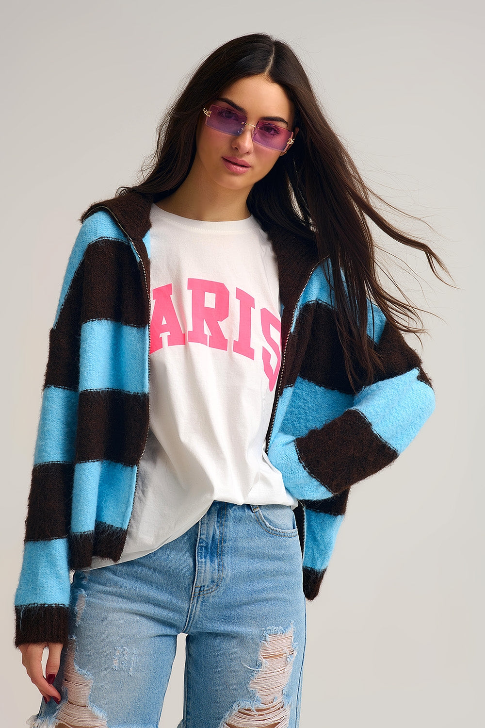 Giacca con zip in maglia soffice blu con strisce marroni