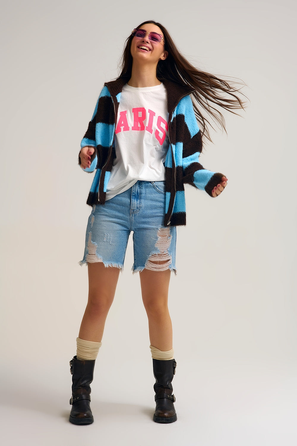 Giacca con zip in maglia soffice blu con strisce marroni