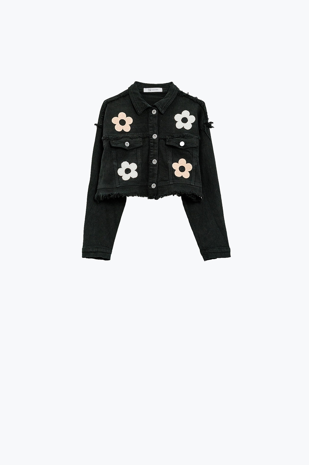 Q2 Giacca cropped con tasche sul petto e dettagli floreali in nero