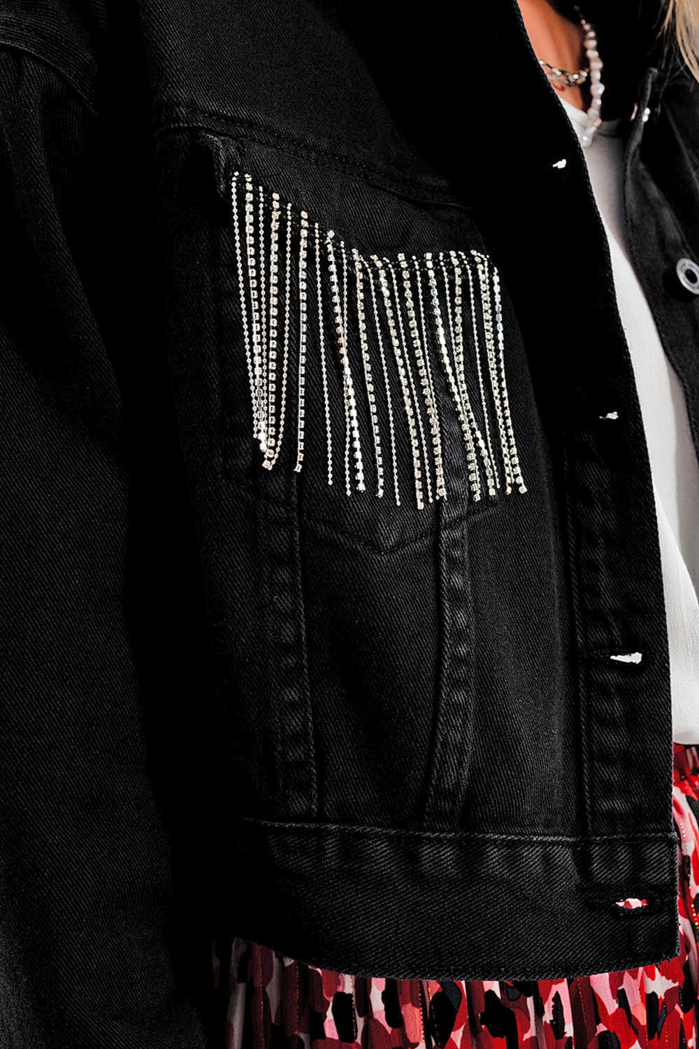 Giacca denim nero con frange con strass