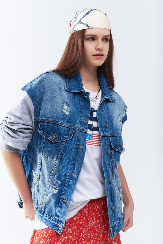 Q2 Giacca in denim con maniche in tessuto da jogging