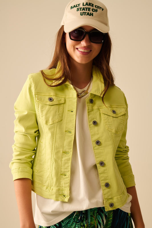 Q2 Giacca in denim elasticizzato basic con tasche in lime