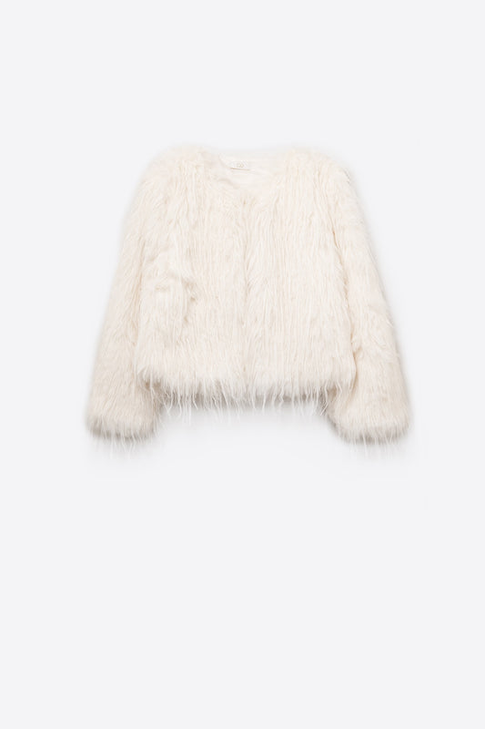 Q2 Giacca in pelliccia sintetica bianca senza collo