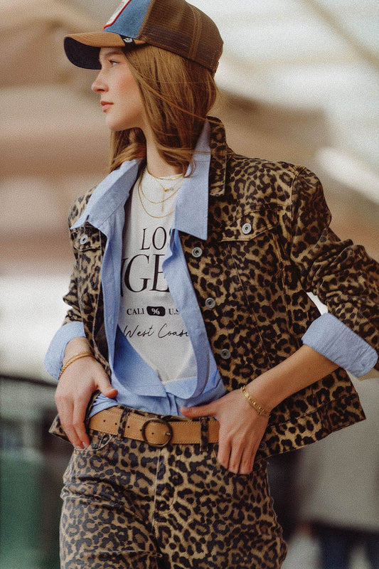 Q2 Giacca marrone con stampa leopardata in tessuto denim
