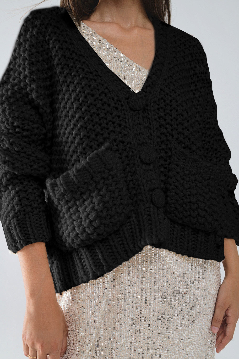 Giacca oversize in maglia grossa nera con tasche