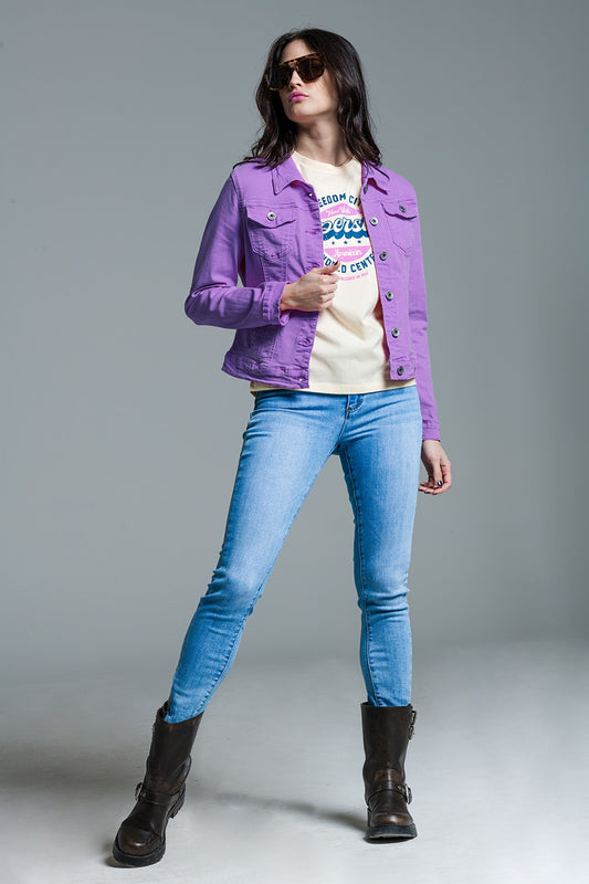 Q2 Giacca trucker slim in denim lilla