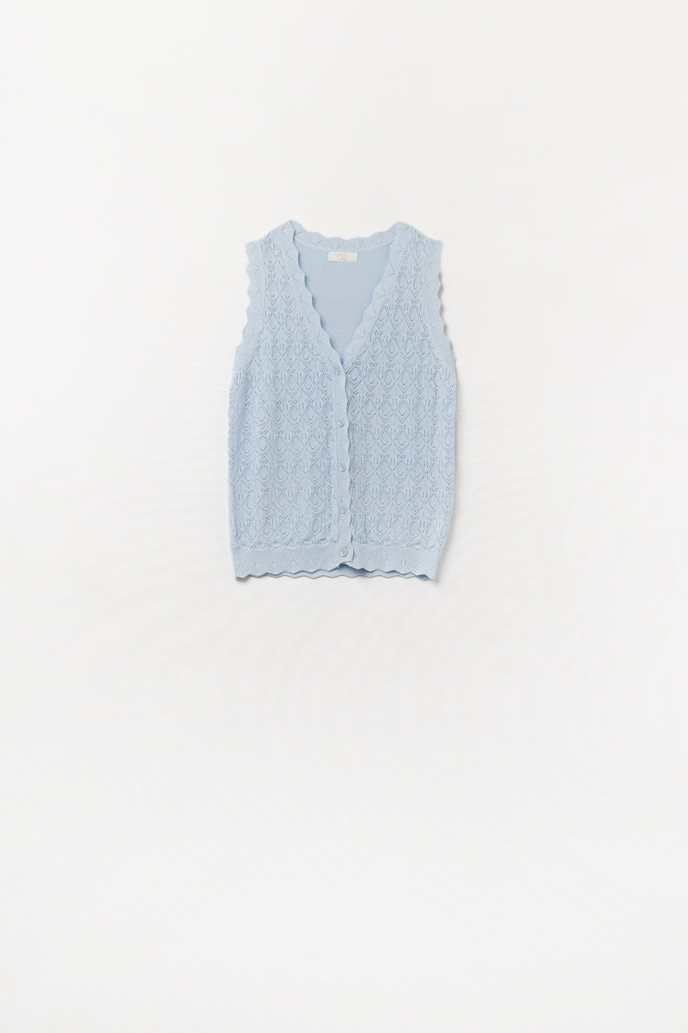 Gilet a Maglia Pointelle con Bordi Scallop in Azzurro Pastello