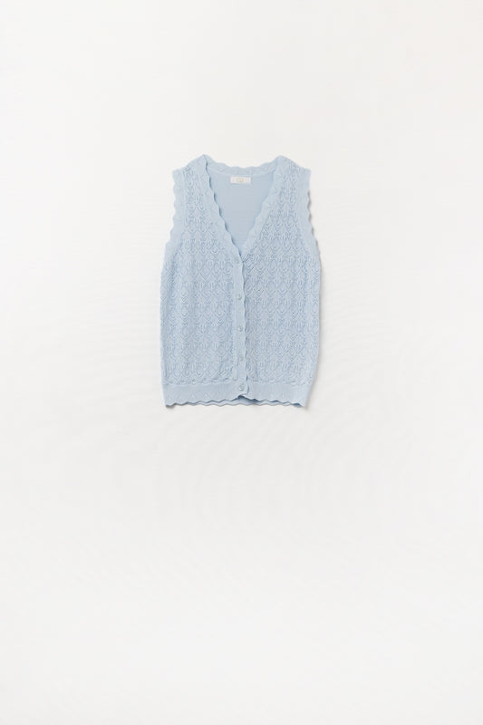 Q2 Gilet a Maglia Pointelle con Bordi Scallop in Azzurro Pastello