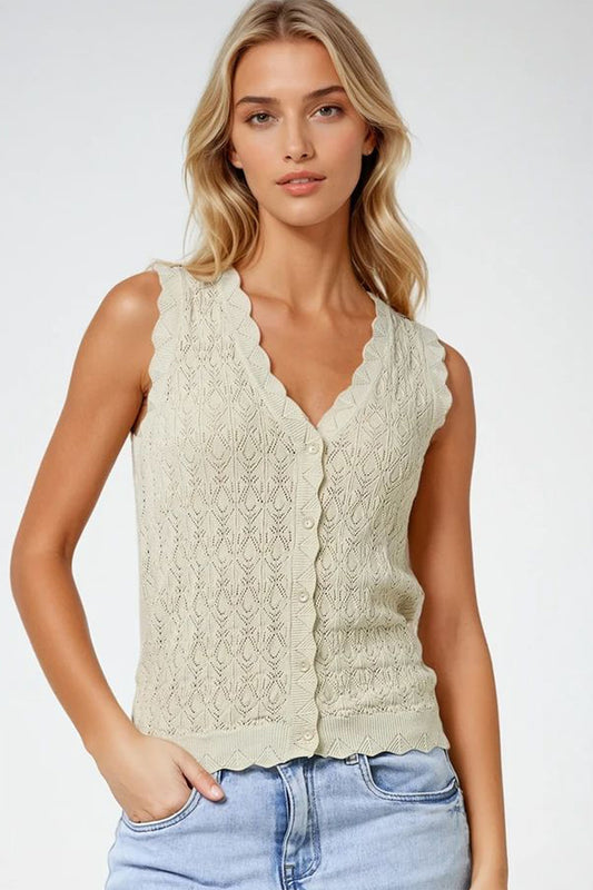 Q2 Gilet a Maglia Pointelle con Bordi Scallop in Beige