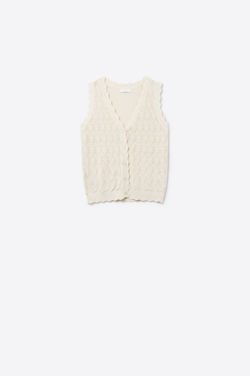 Gilet a Maglia Pointelle con Bordi Scallop in Beige