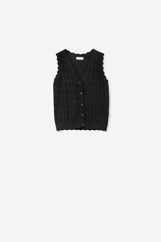 Q2 Gilet a Maglia Pointelle con Bordi Smerlati in Nero