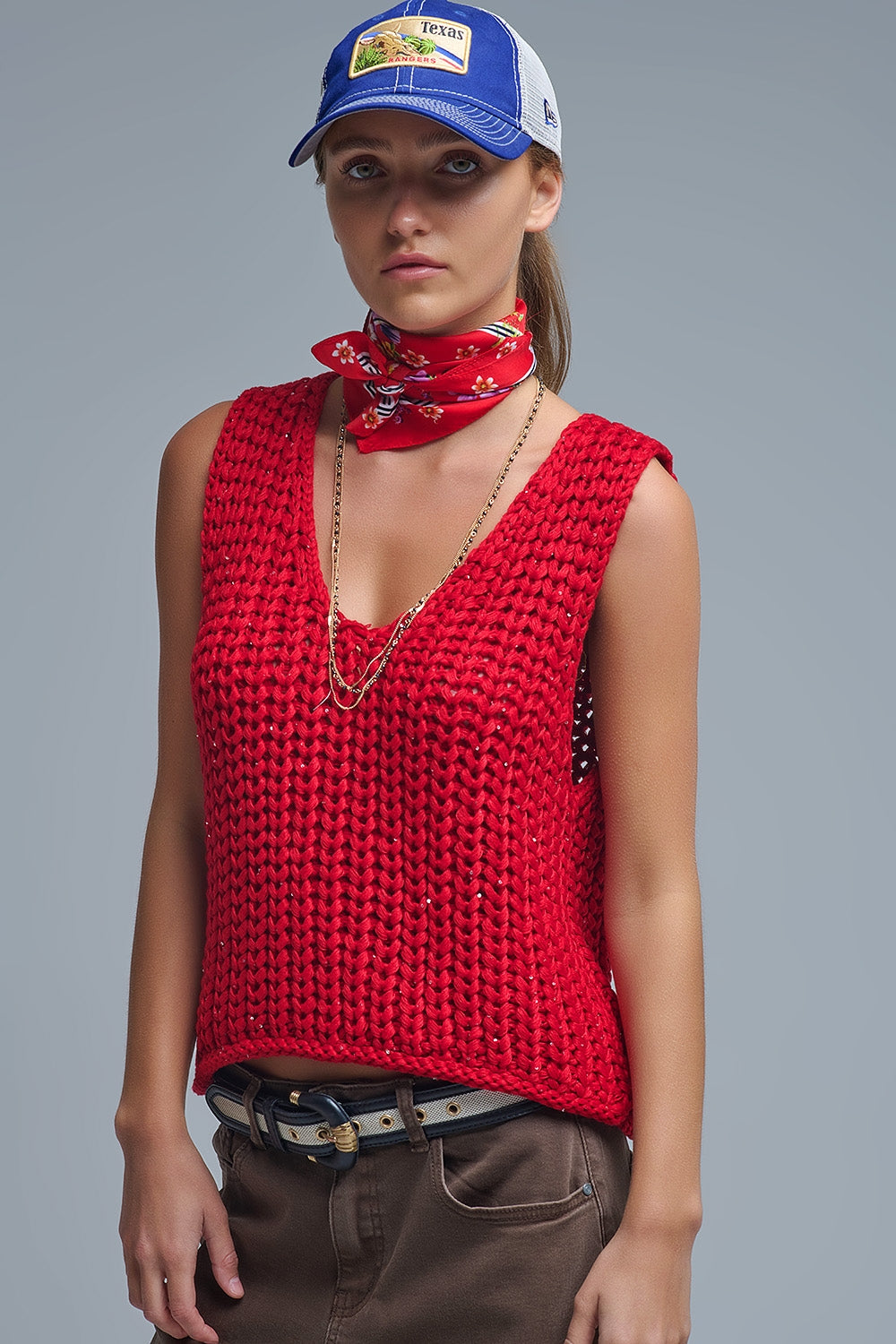 Q2 Gilet all'uncinetto con paillettes in rosso