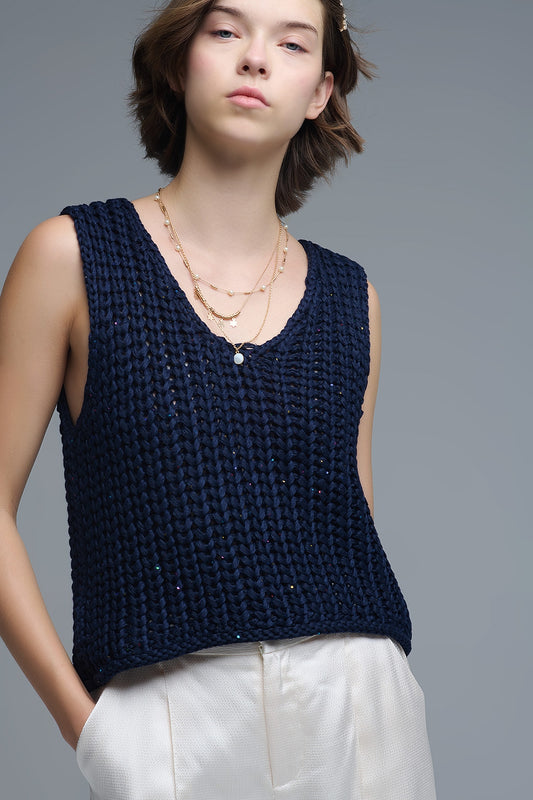 Q2 Gilet all'uncinetto in marina con filo di paillettes