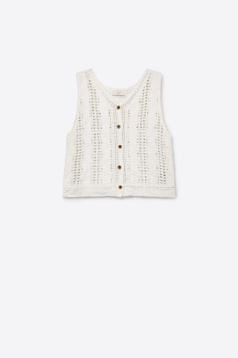 Gilet bianco all'uncinetto in maglia a cavi con bottoni sul davanti