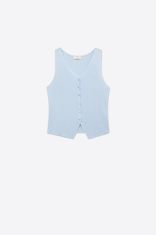 Q2 Gilet con bottoni senza maniche in maglia a coste blu chiaro