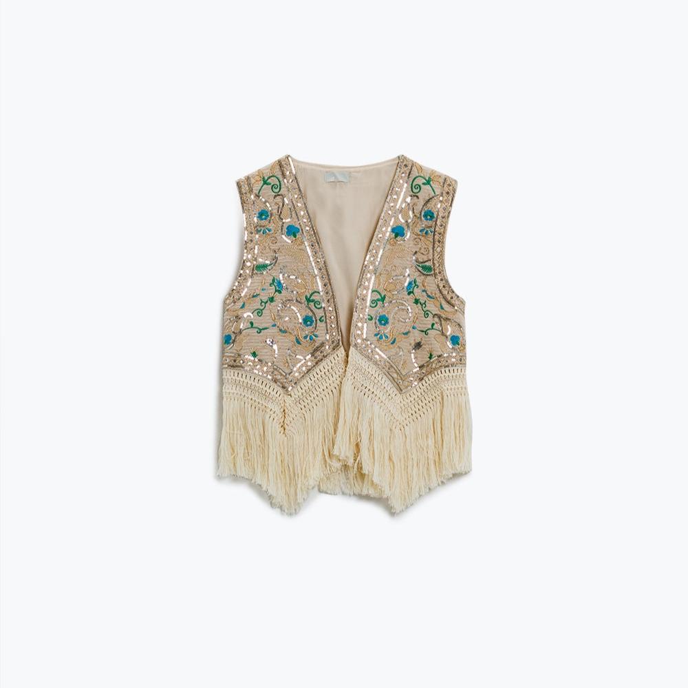 Q2 Gilet cropped con dettagli floreali e frange in basso