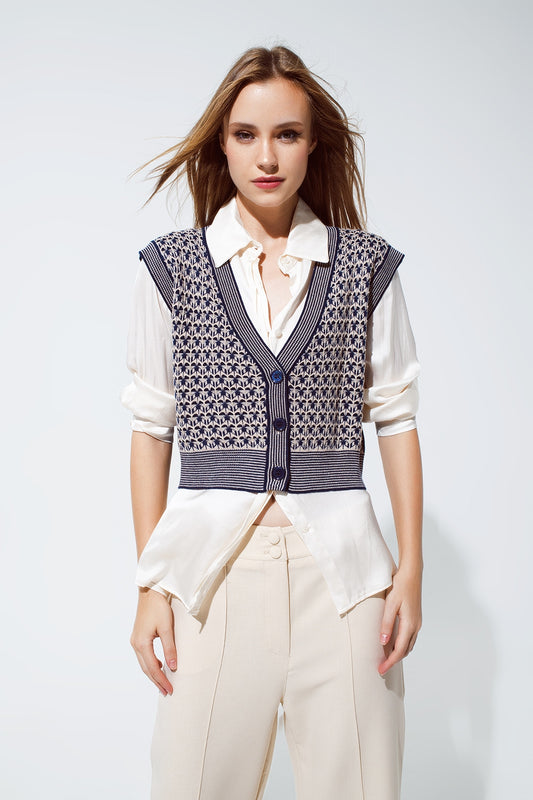 Q2 Gilet cropped in maglia con bordo a coste in blu