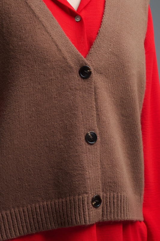 Gilet cropped in maglia marrone cioccolato