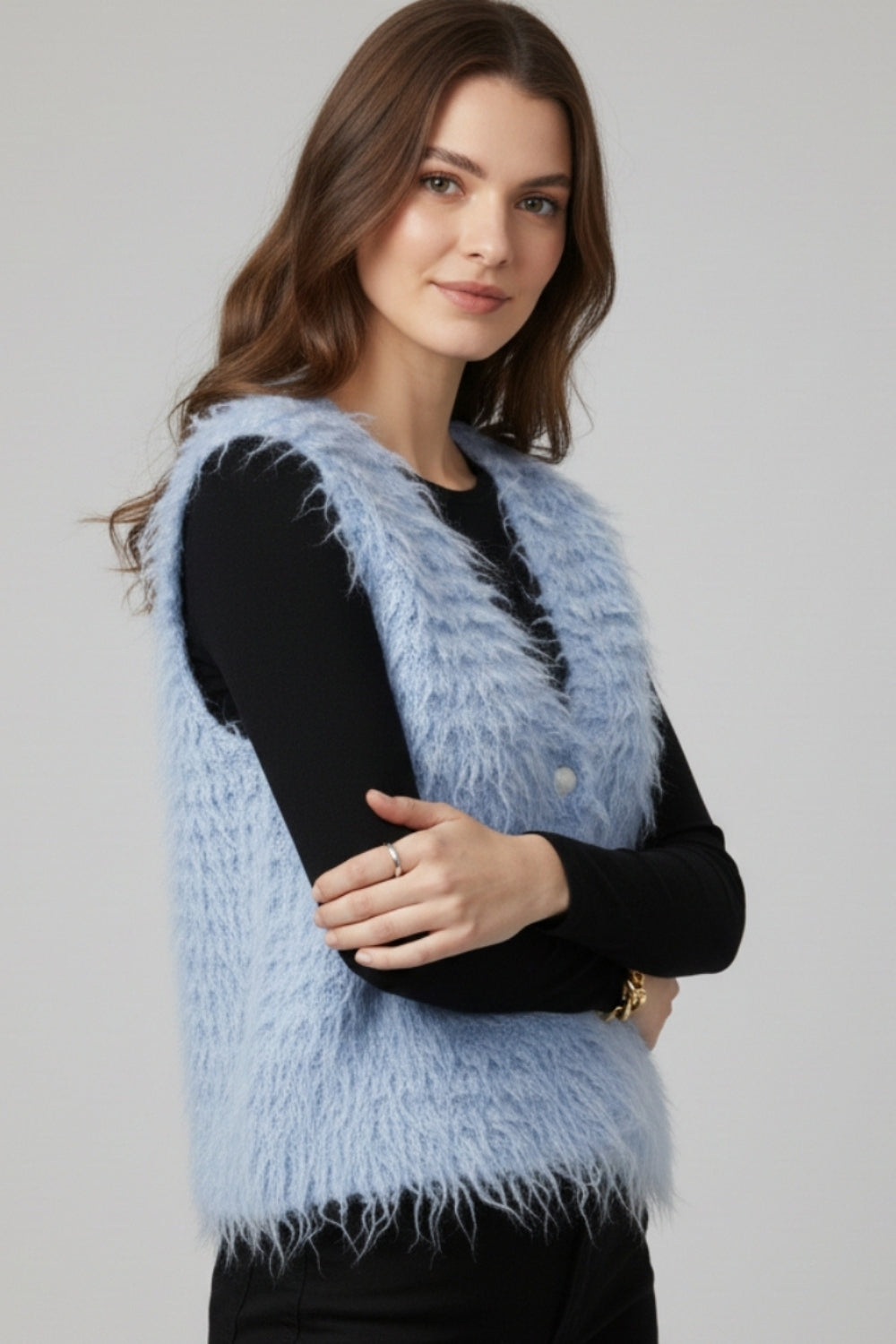 Gilet di lusso con texture blu chiaro a pelo lungo