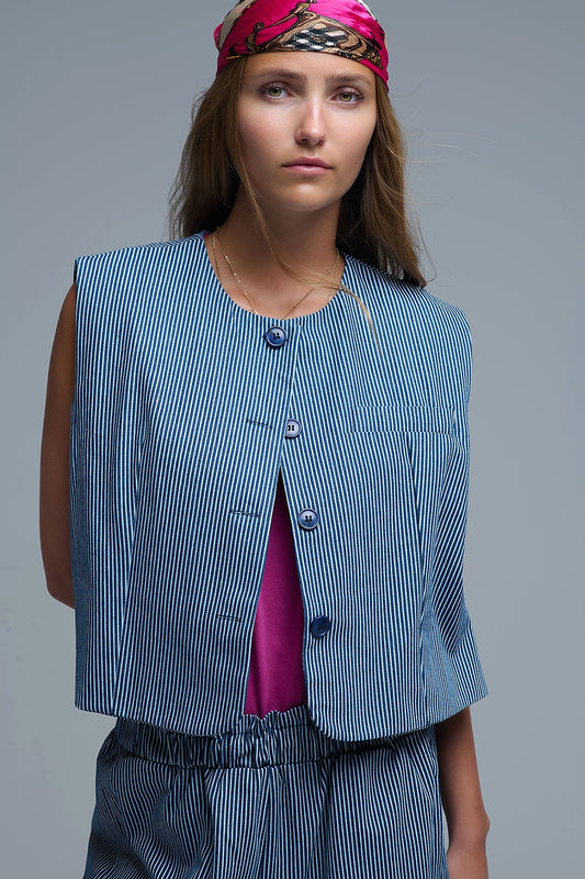 Q2 Gilet girocollo a righe bianche e blu