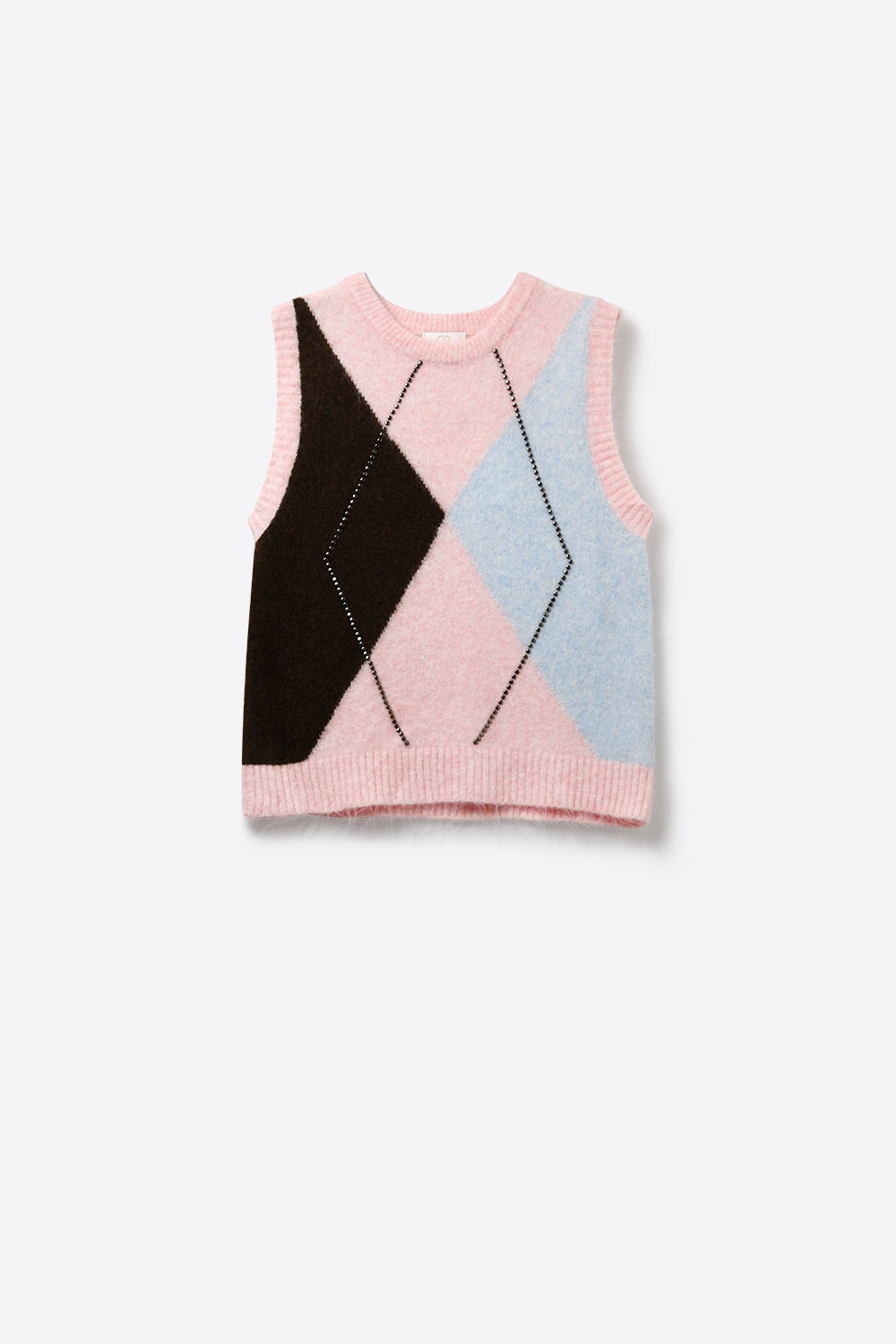Gilet in maglia a rombi con dettaglio di borchie metalliche in rosa