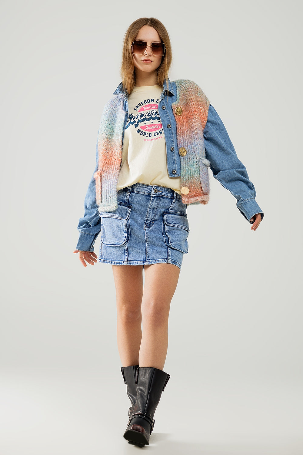 Q2 Gilet in maglia arancione sfumato con bottoni dorati