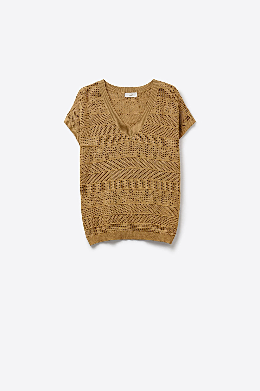 Q2 Gilet in maglia cammello con scollo a V e maniche corte