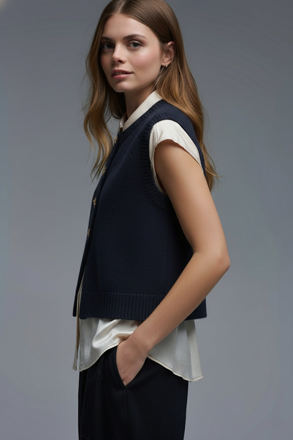 Gilet in maglia color navy con bottoni dorati