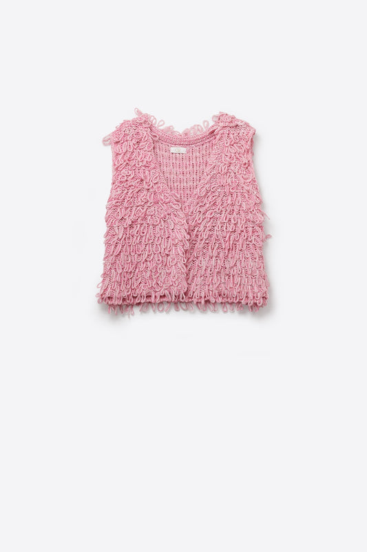 Q2 Gilet in maglia con effetto frangia testurizzato in rosa