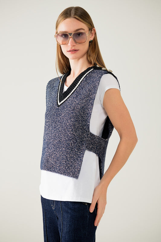 Q2 Gilet in maglia con scollo a V e lato aperto