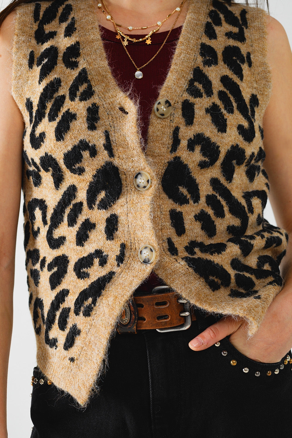 gilet in maglia con stampa leopardata