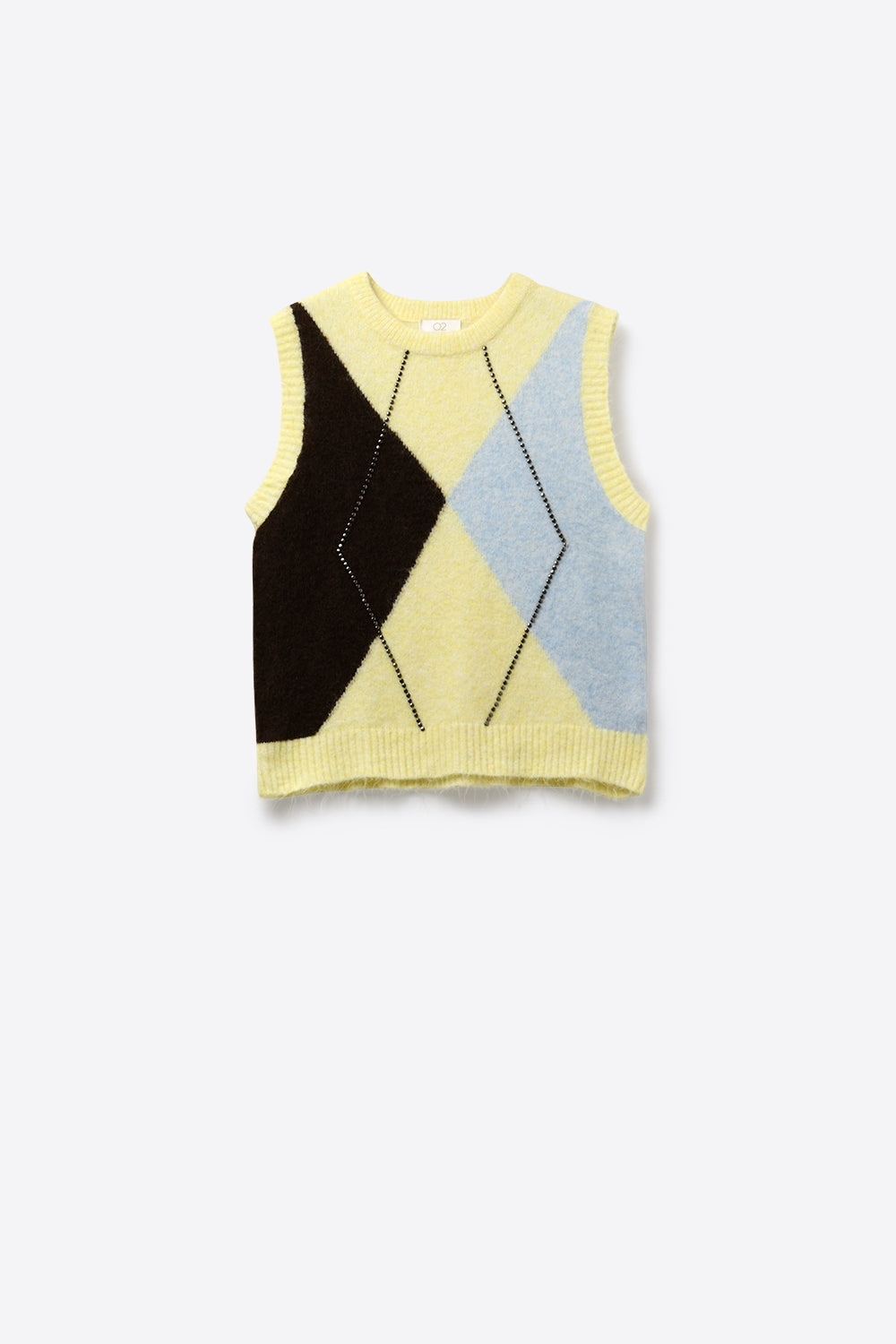 Gilet in Maglia Fluffy Argyle con Dettaglio di Borchie Metalliche in giallo