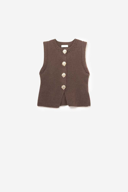 Gilet in maglia marrone con bottoni dorati
