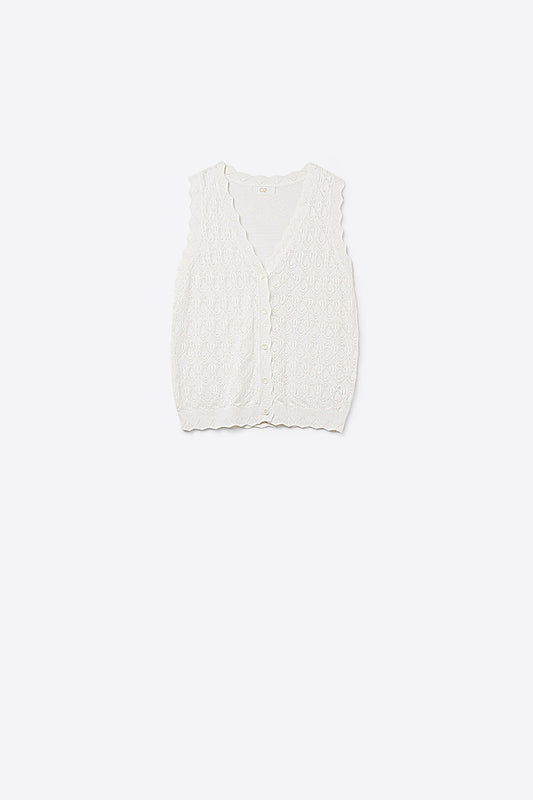 Q2 Gilet in Maglia Pointelle con Bordi Smerlati in Bianco