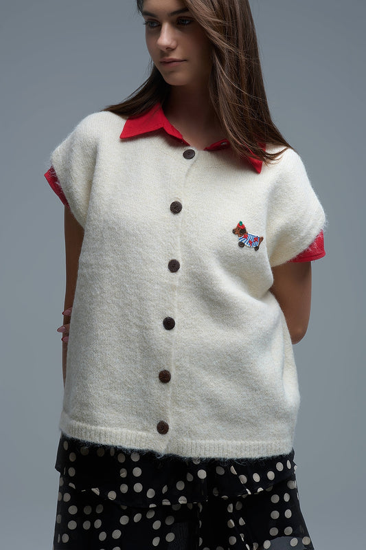 Q2 Gilet in maglia rilassata color crema con ricamo di un simpatico cane