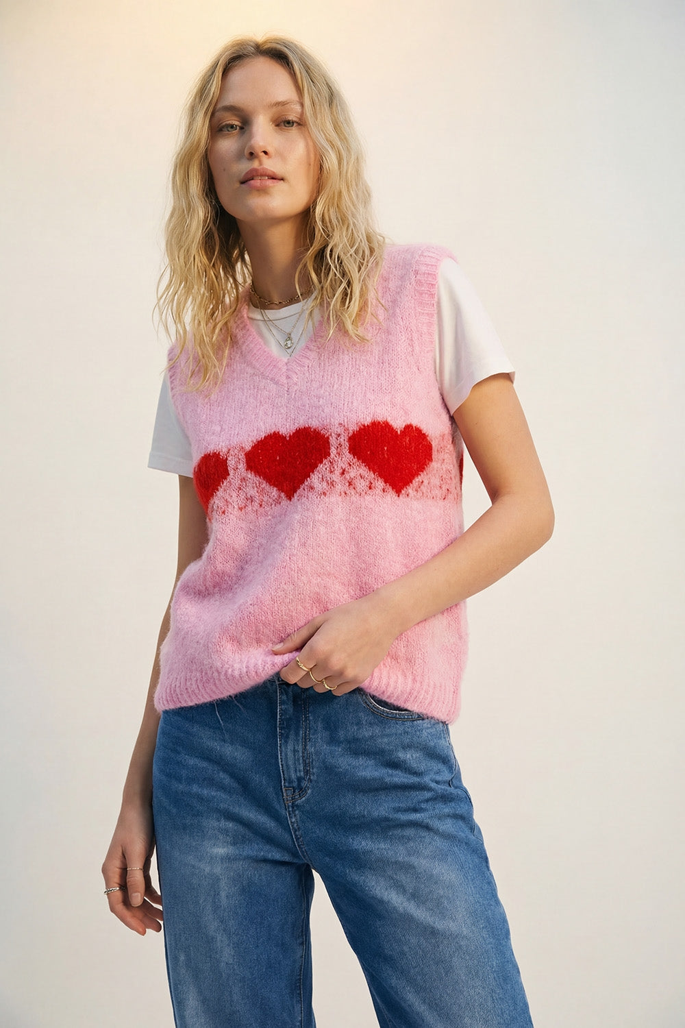 Q2 Gilet in maglia rosa vaporosa dalla vestibilitˆ rilassata con motivo a cuore